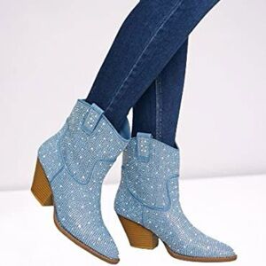 Women's Blue Rhinestone Ankle Boots